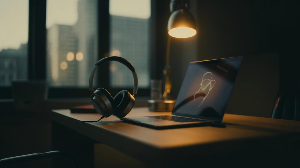 Laptop and headphones on a desk at night streaming internet radio