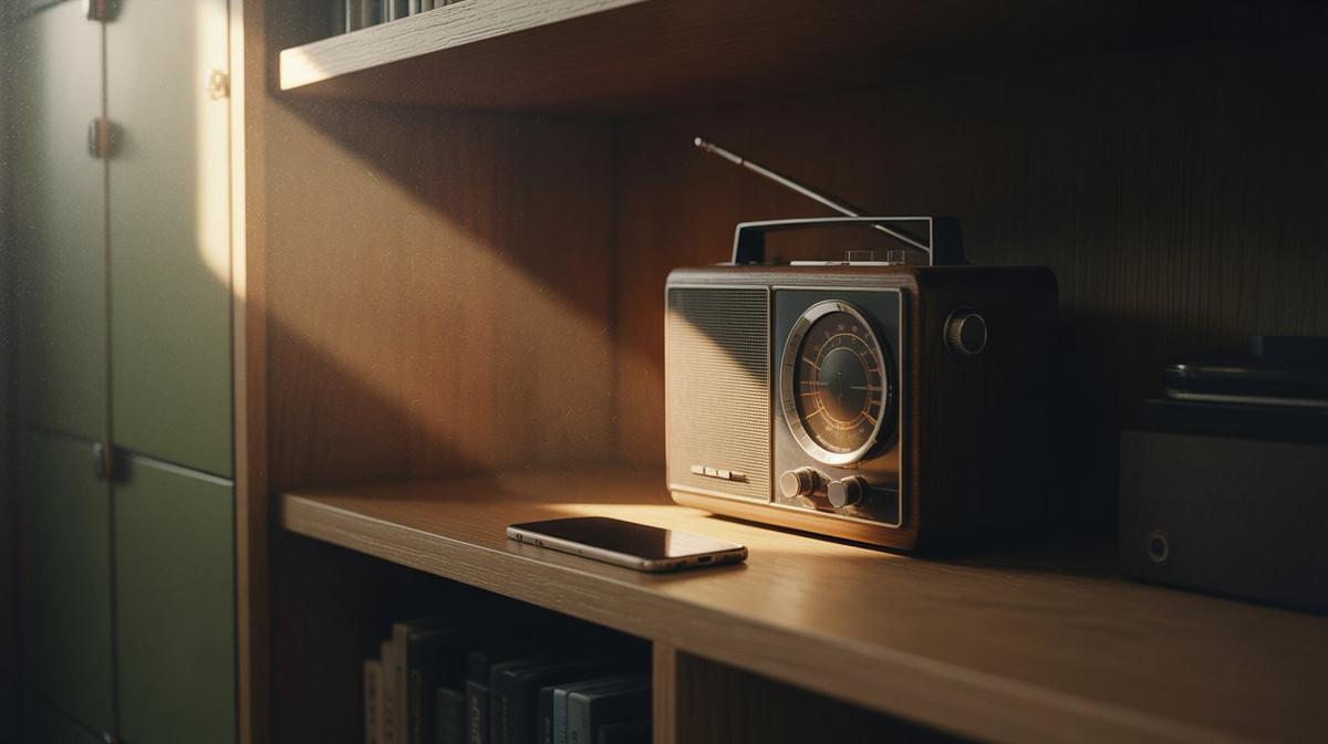 Vintage FM radio next to a modern smartphone on a shelf
