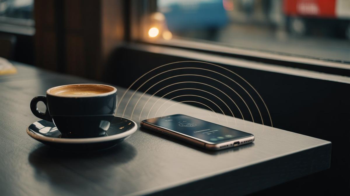 Smartphone streaming radio on a café table beside a coffee