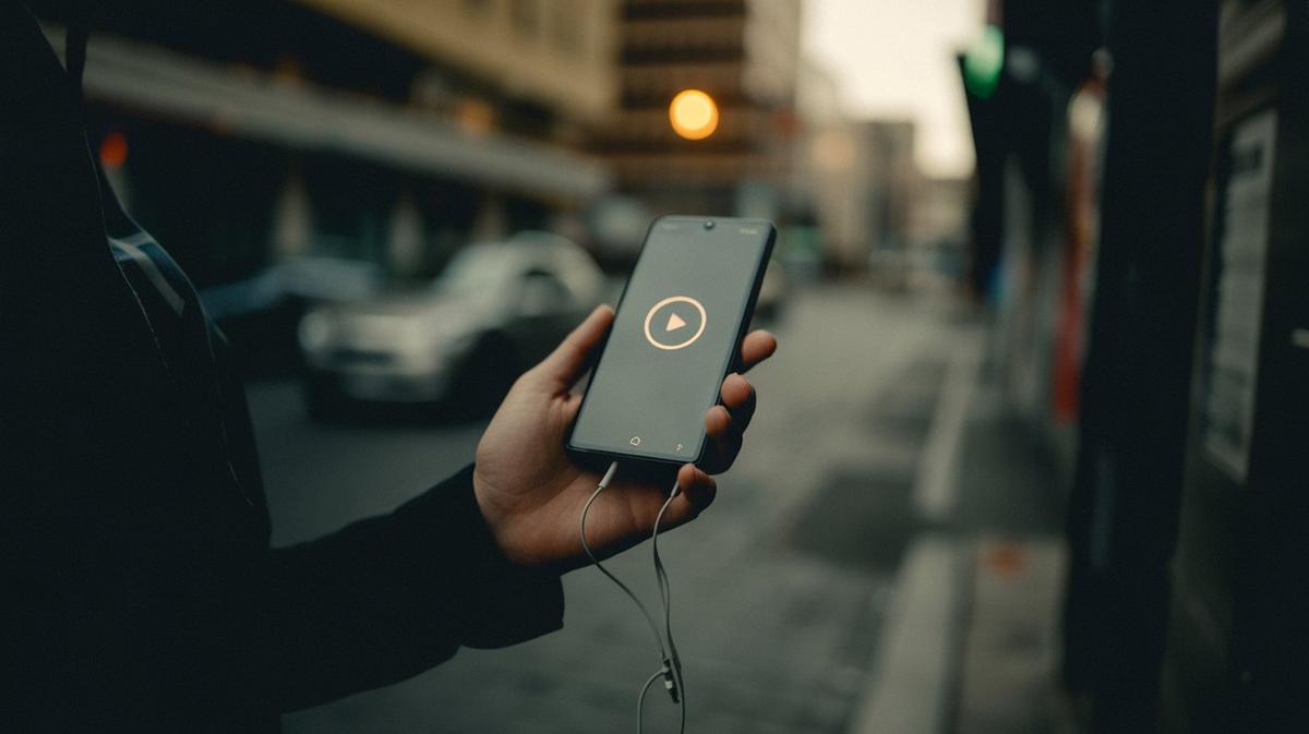Hand holding a phone playing radio in the browser