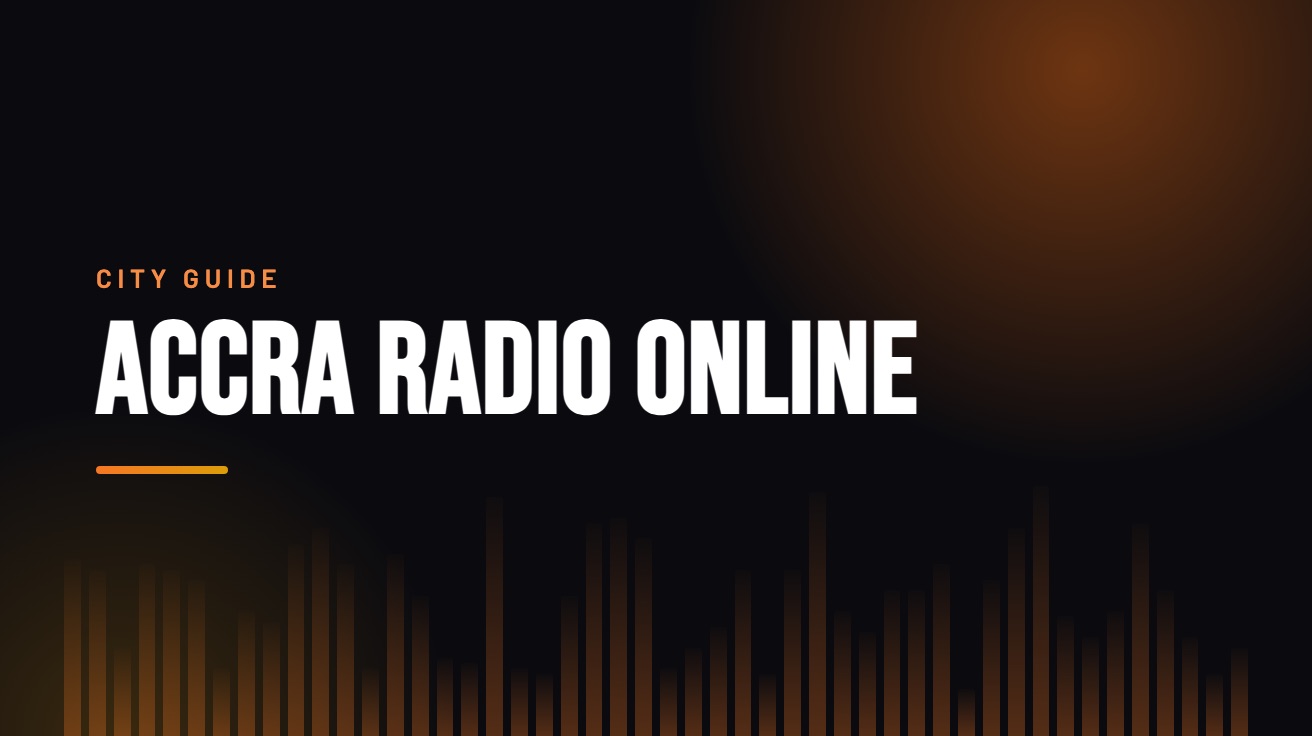 Title card for the guide: Accra Radio Online, in amber on black with an equaliser motif