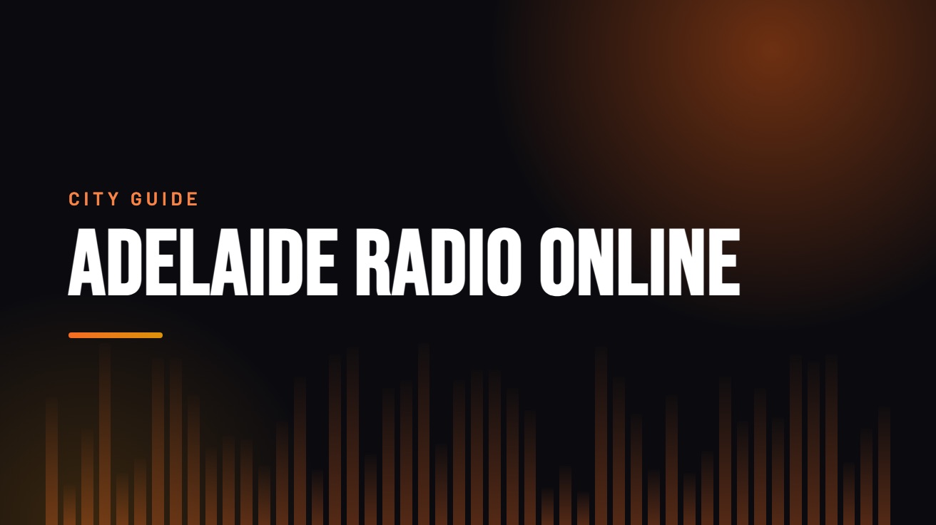 Title card for the guide: Adelaide Radio Online, in amber on black with an equaliser motif