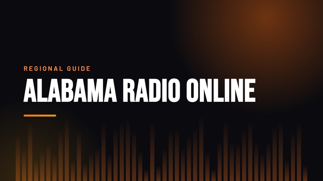 Title card for the guide: Alabama Radio Online, in amber on black with an equaliser motif
