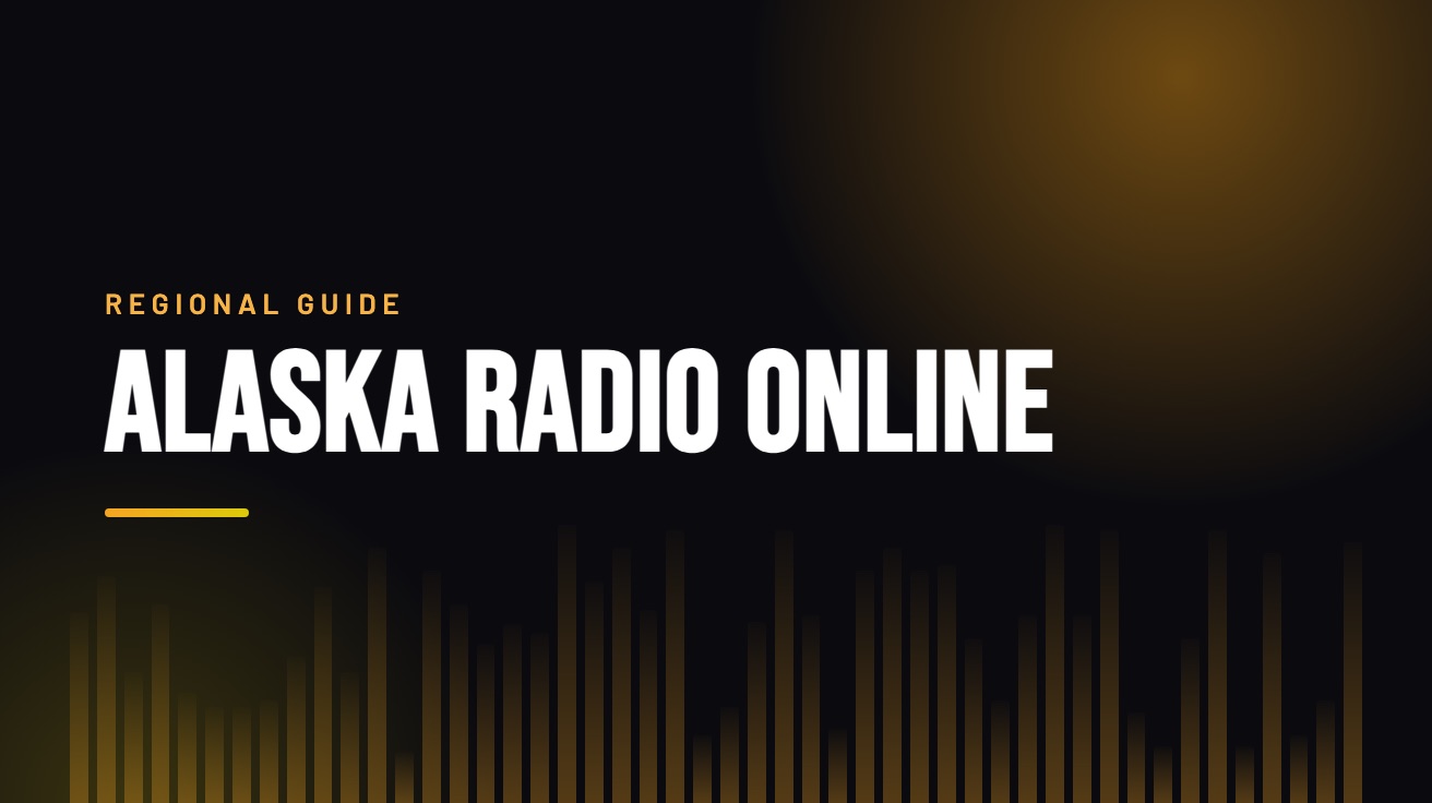 Title card for the guide: Alaska Radio Online, in amber on black with an equaliser motif