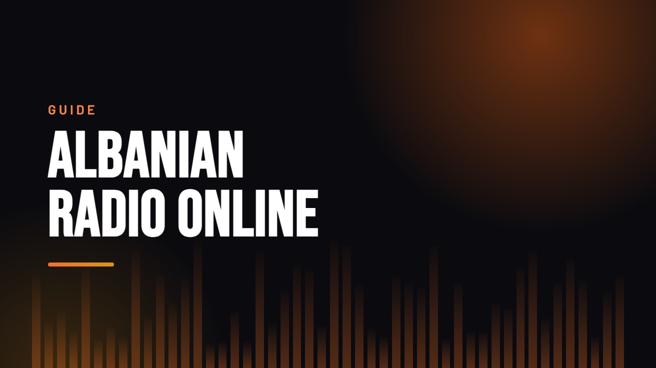 Title card for the guide: Albanian Radio Online, in amber on black with an equaliser motif