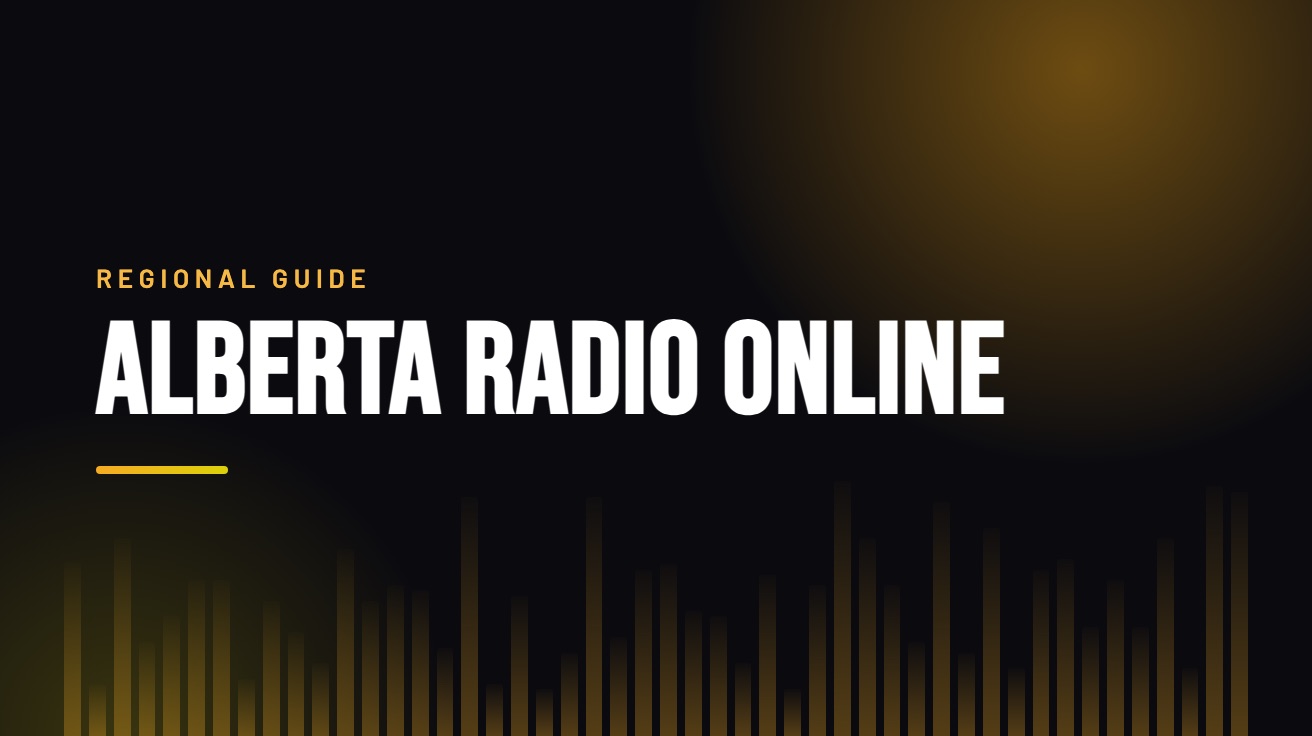 Title card for the guide: Alberta Radio Online, in amber on black with an equaliser motif