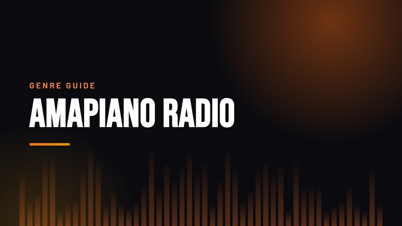 Title card for the guide: Amapiano Radio, in amber on black with an equaliser motif
