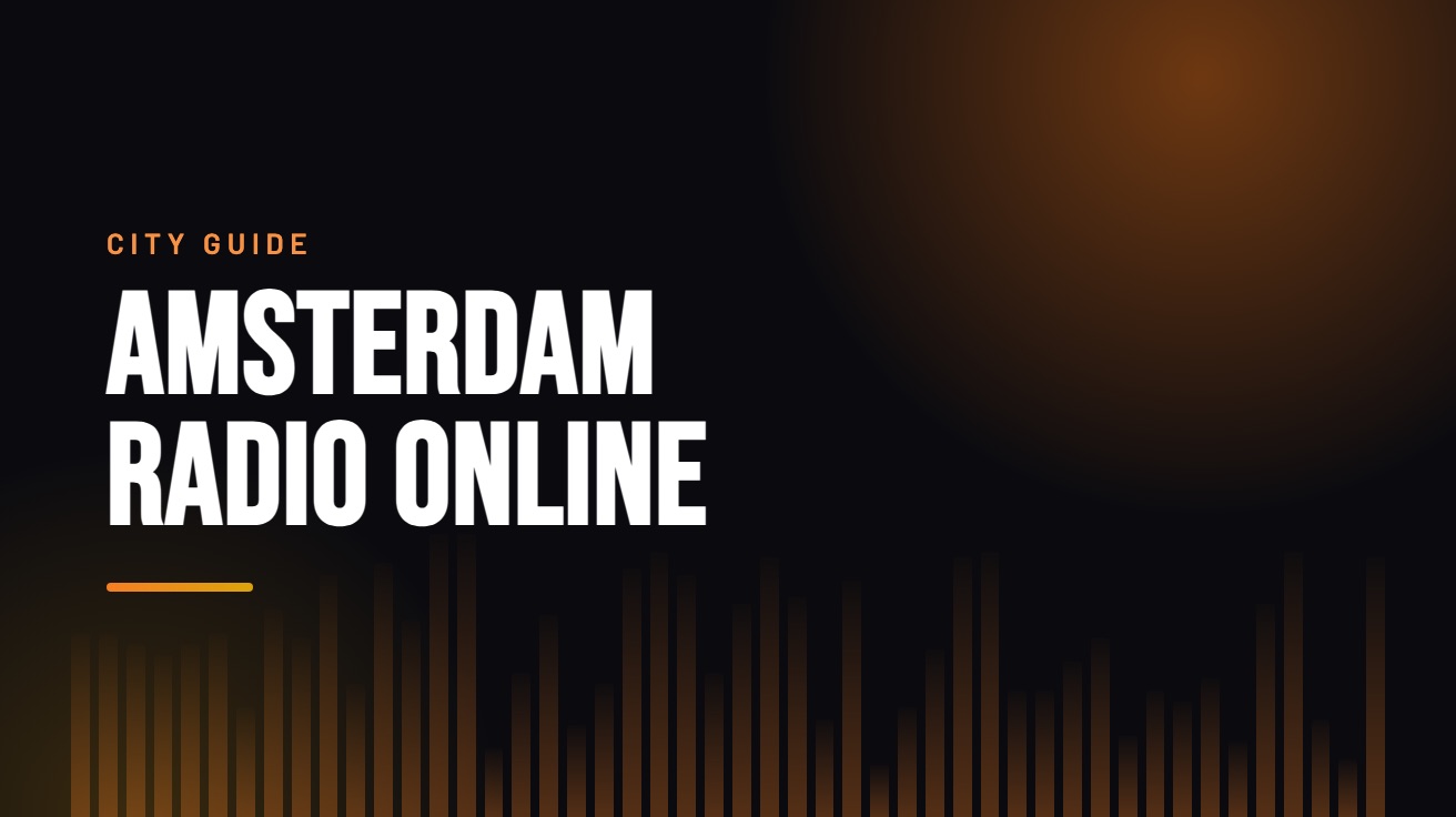 Title card for the guide: Amsterdam Radio Online, in amber on black with an equaliser motif