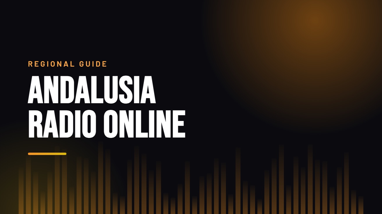 Title card for the guide: Andalusia Radio Online, in amber on black with an equaliser motif