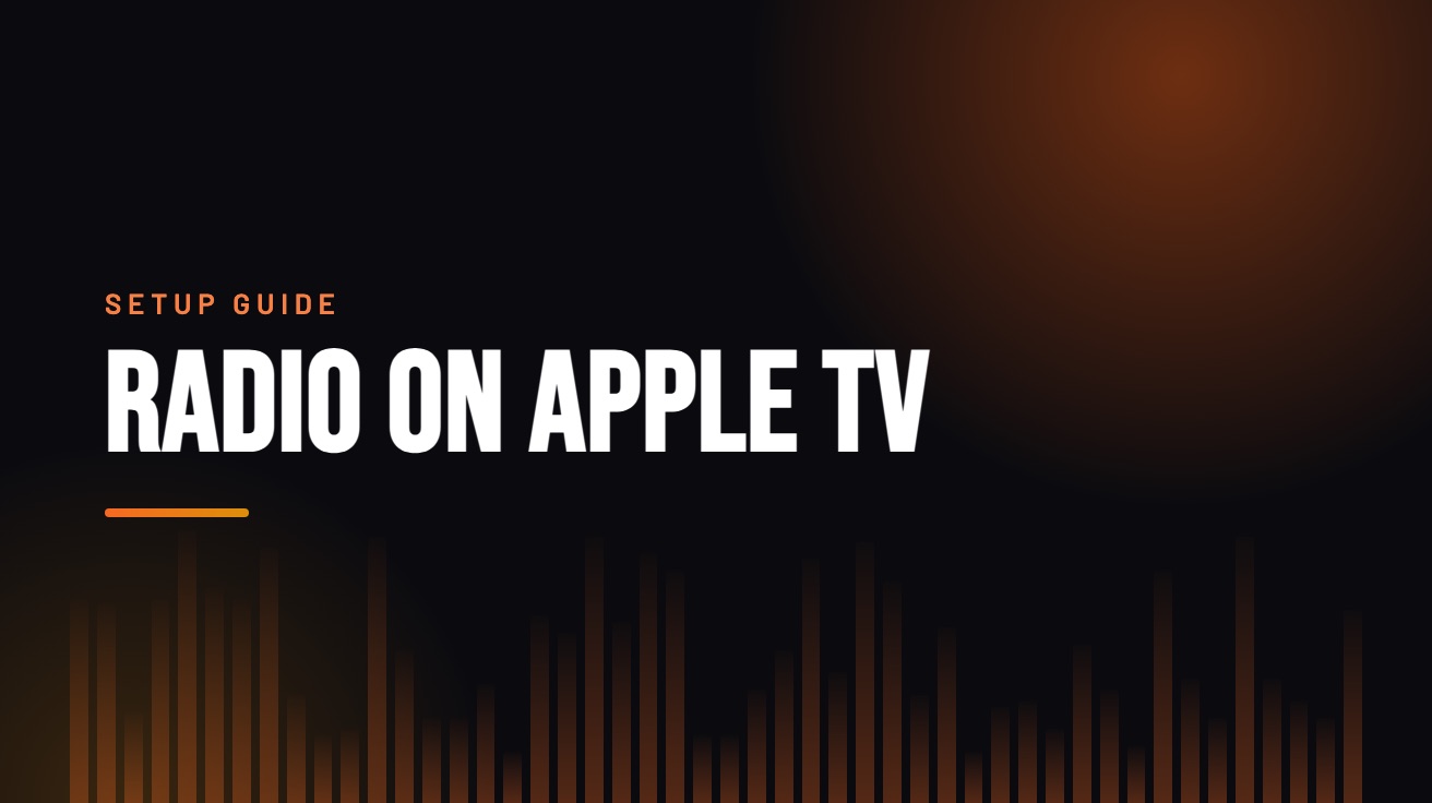 Title card for the guide: How to Listen to Radio on Apple TV, in amber on black with an equaliser motif
