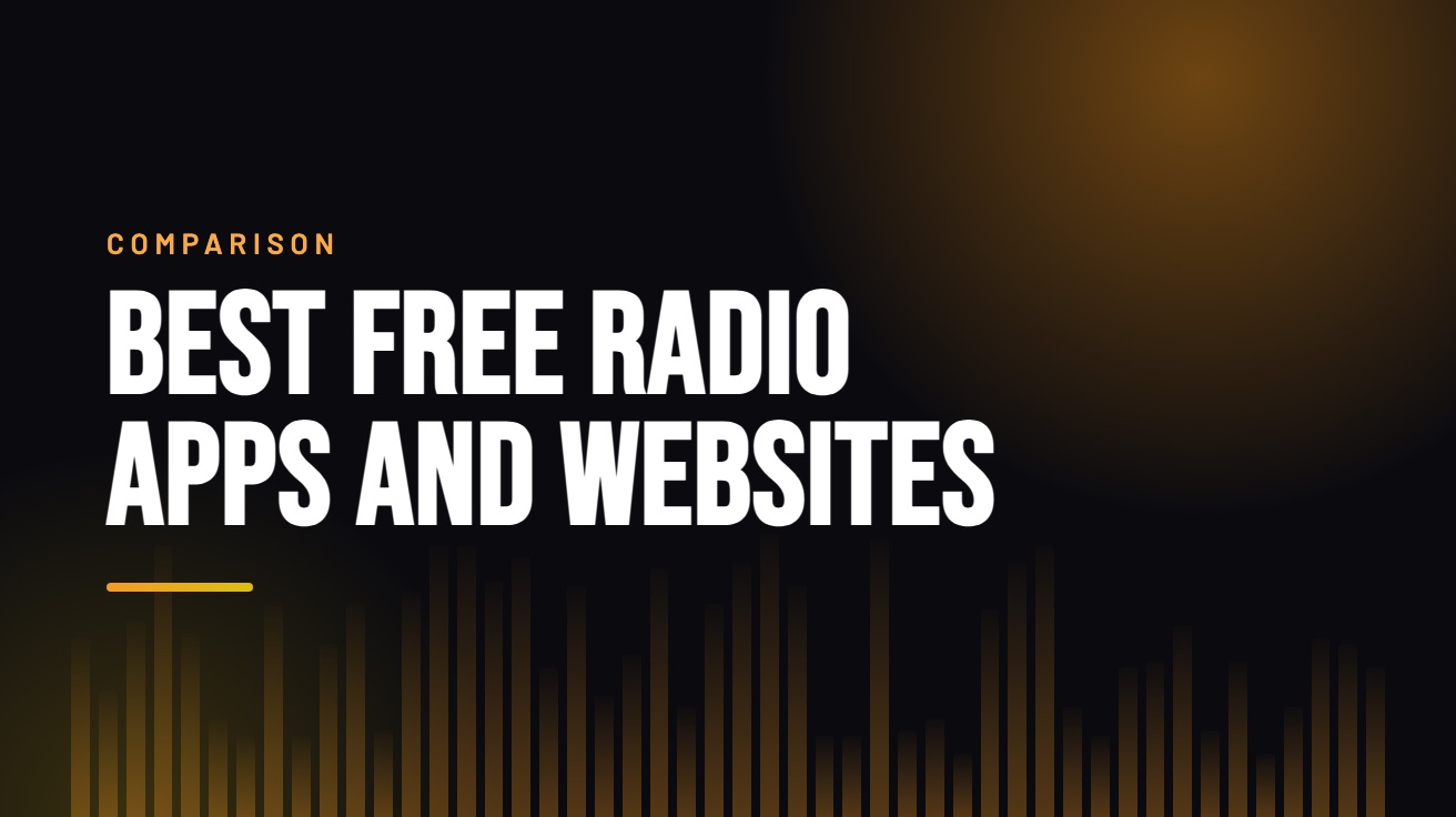 Title card for the guide: Best Free Radio Apps and Websites, in amber on black with an equaliser motif