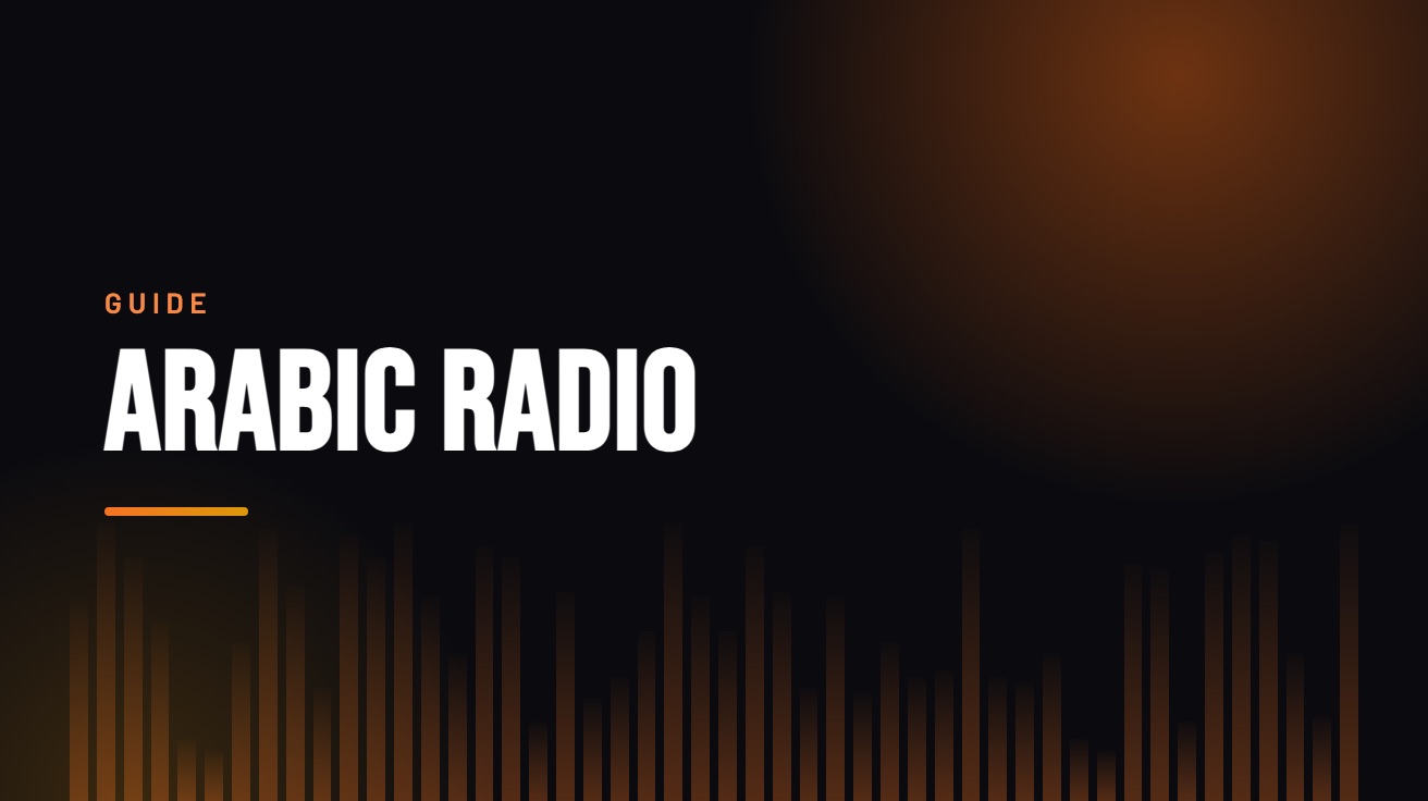 Title card for the guide: Arabic Radio Online, in amber on black with an equaliser motif