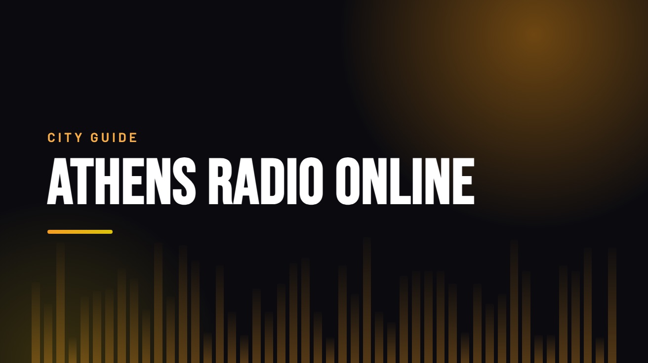 Title card for the guide: Athens Radio Online, in amber on black with an equaliser motif