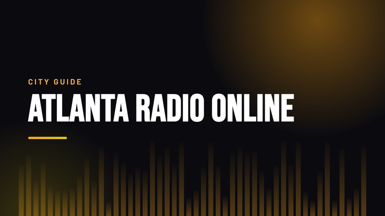Title card for the guide: Atlanta Radio Online, in amber on black with an equaliser motif