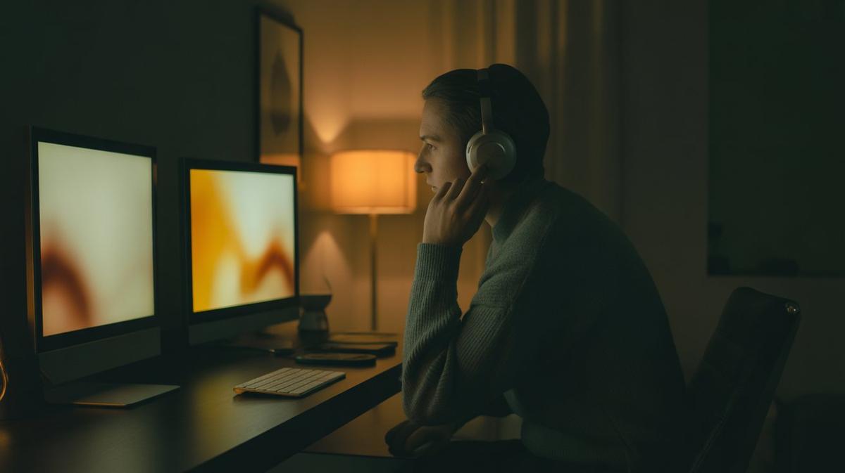 Listener comparing radio platforms at a desk at night