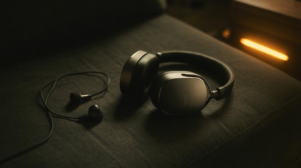 Basic earbuds next to premium over-ear headphones