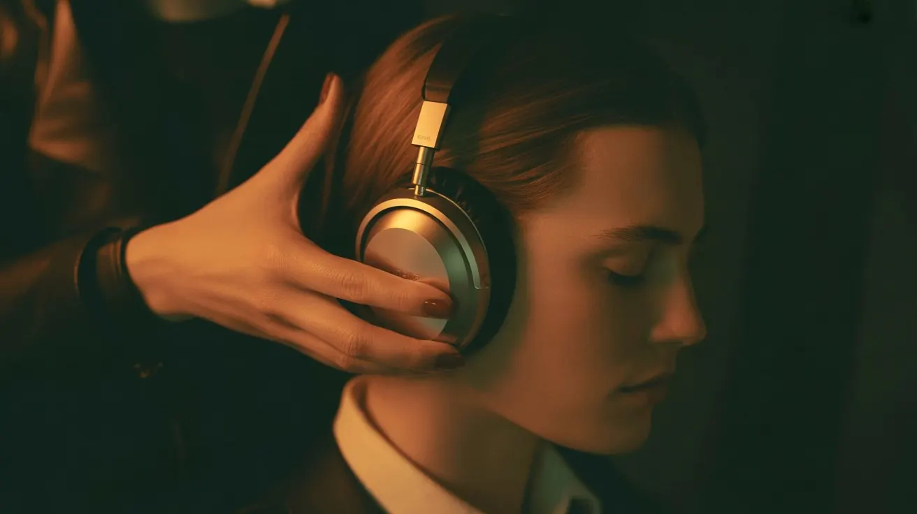Premium headphones being placed on a listener's head