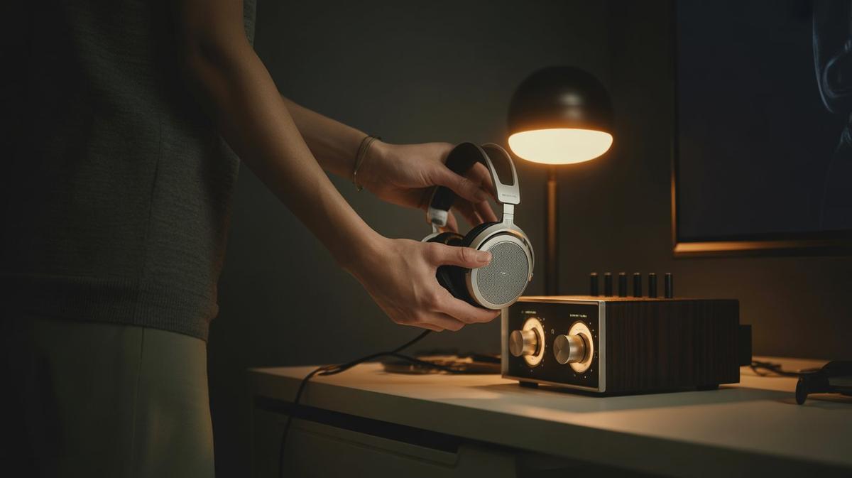 Hands adjusting headphones beside a warm-lit amplifier
