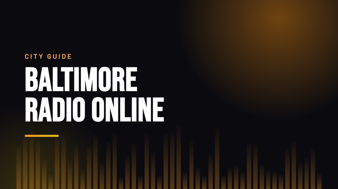 Title card for the guide: Baltimore Radio Online, in amber on black with an equaliser motif