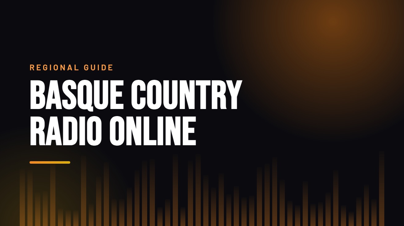 Title card for the guide: Basque Country Radio Online, in amber on black with an equaliser motif