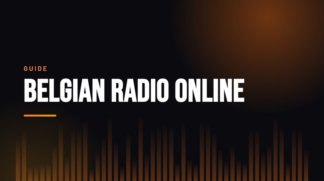 Title card for the guide: Belgian Radio Online, in amber on black with an equaliser motif