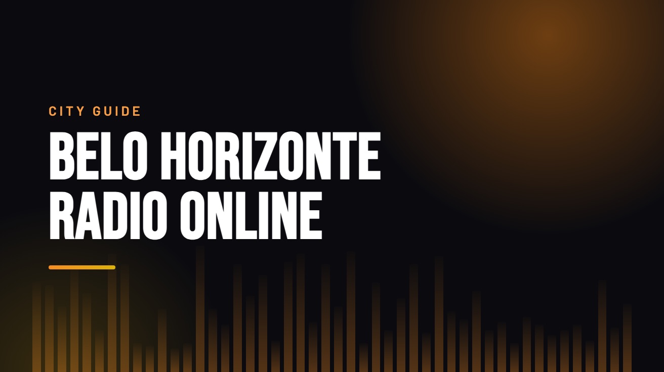Title card for the guide: Belo Horizonte Radio Online, in amber on black with an equaliser motif
