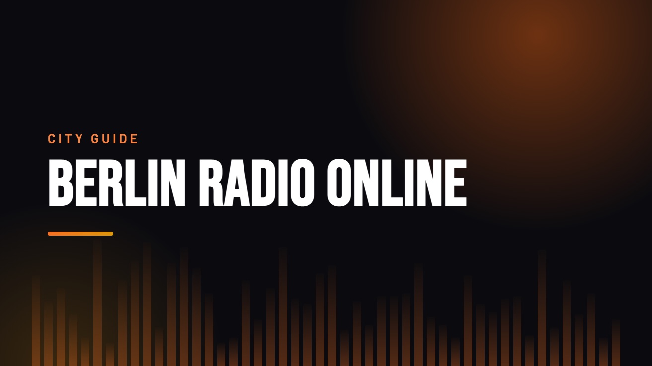 Title card for the guide: Berlin Radio Online, in amber on black with an equaliser motif