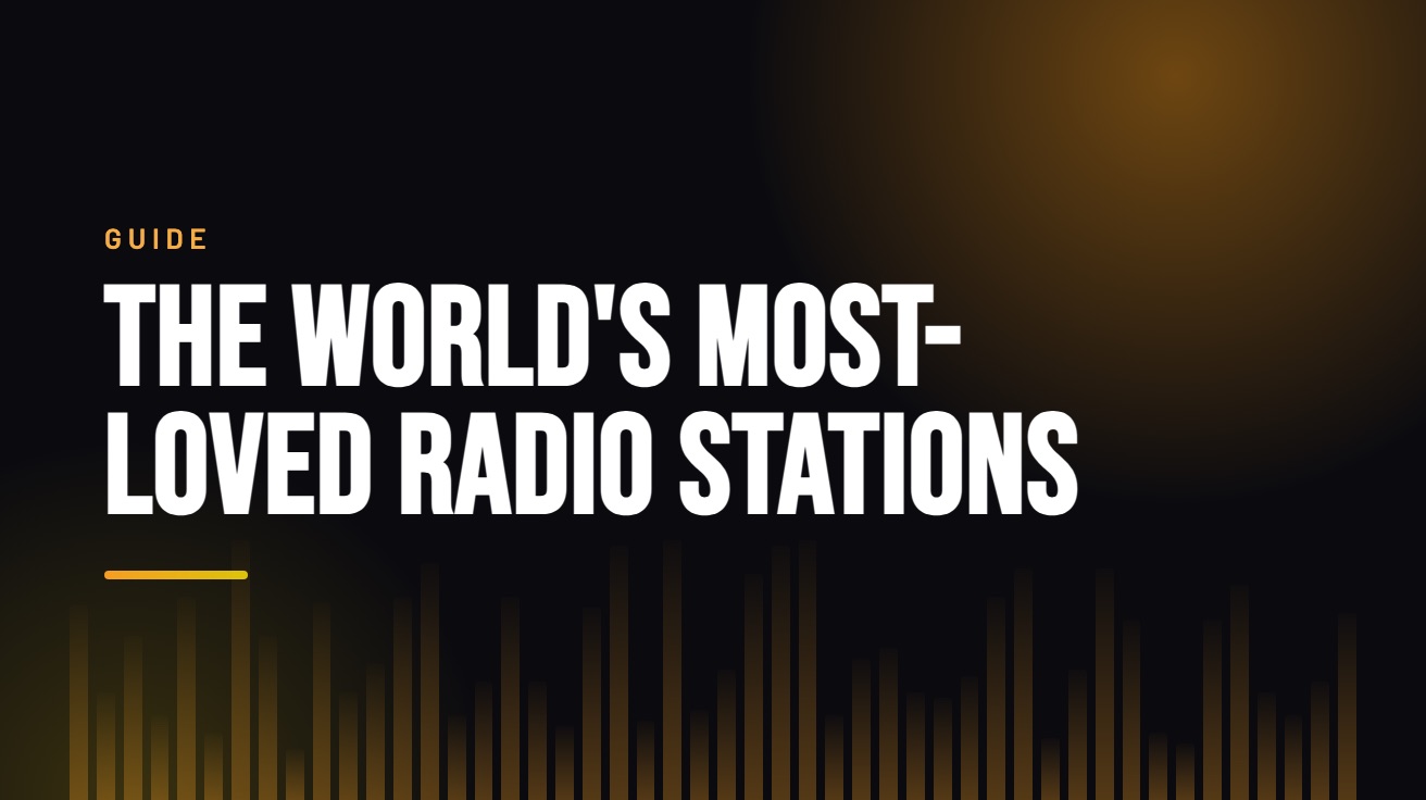 Title card for the guide: The World's Most-Loved Radio Stations, in amber on black with an equaliser motif