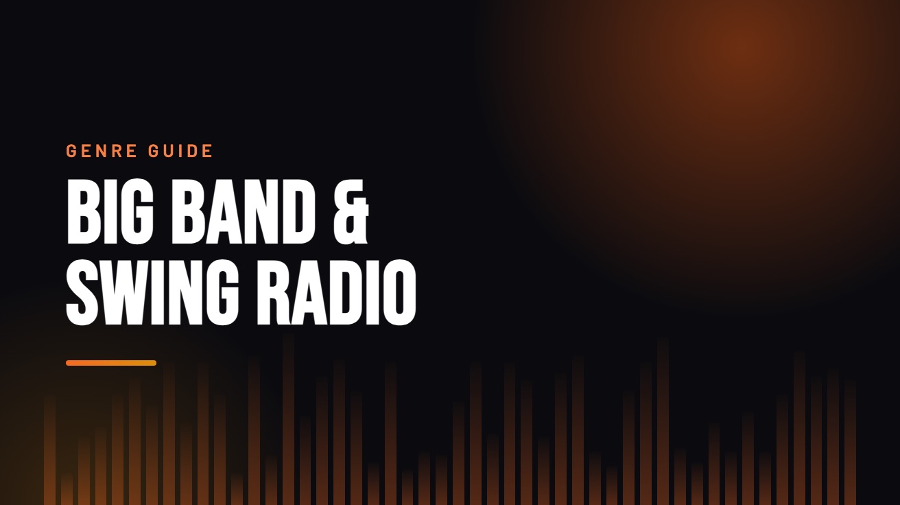 Title card for the guide: Big Band & Swing Radio, in amber on black with an equaliser motif