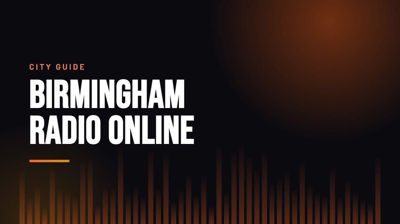 Title card for the guide: Birmingham Radio Online, in amber on black with an equaliser motif