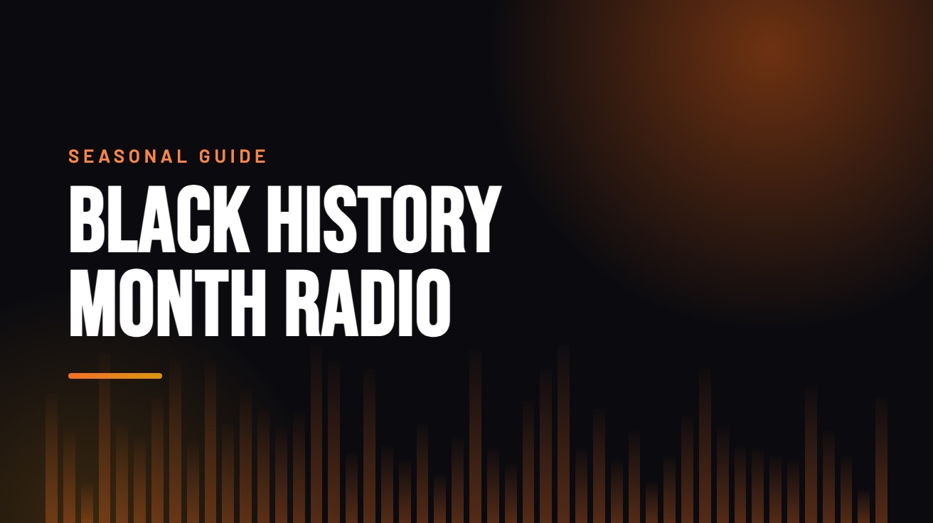 Title card for the guide: Black History Month Radio, in amber on black with an equaliser motif