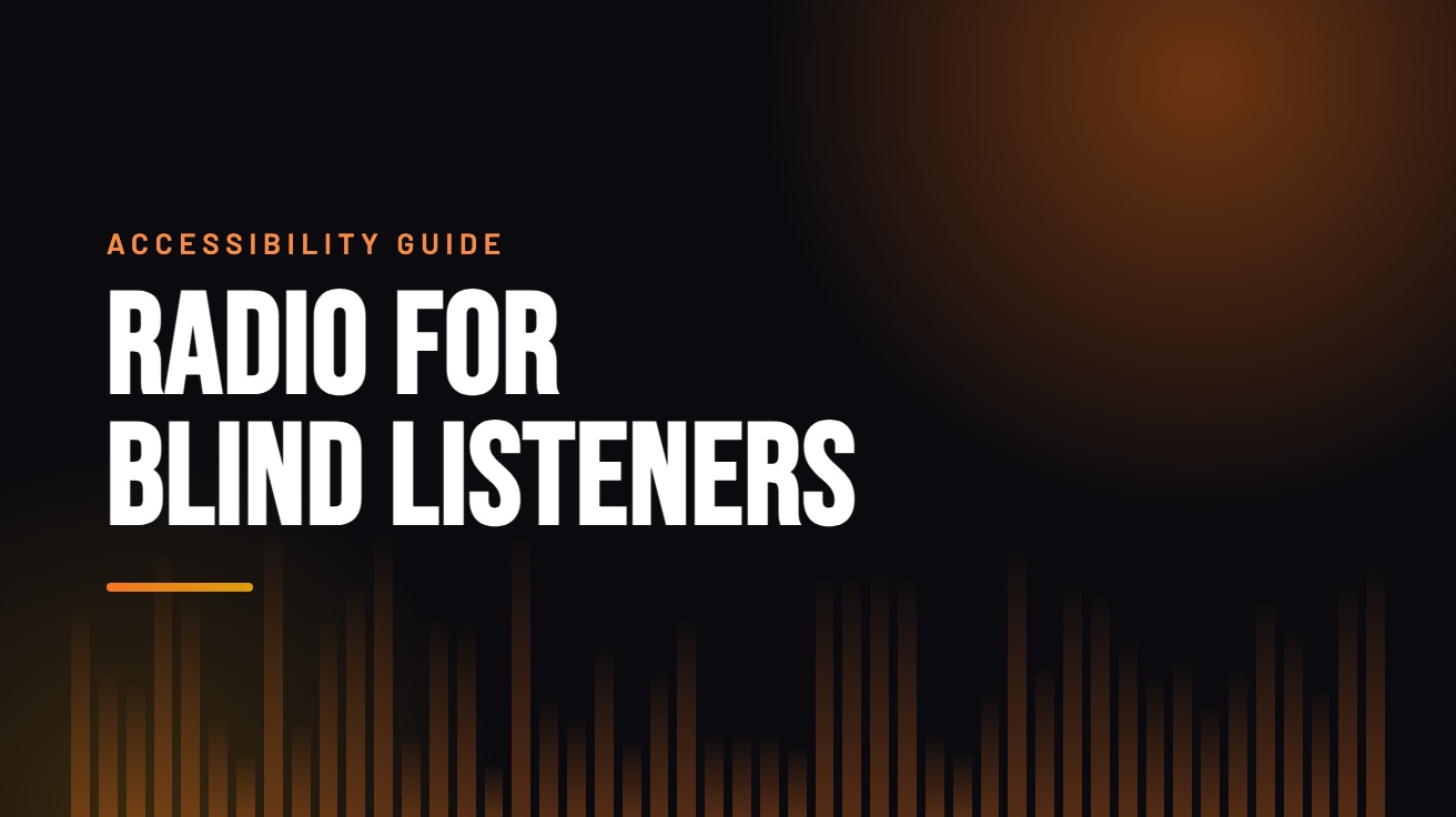 Title card for the guide: Radio for Blind Listeners, in amber on black with an equaliser motif