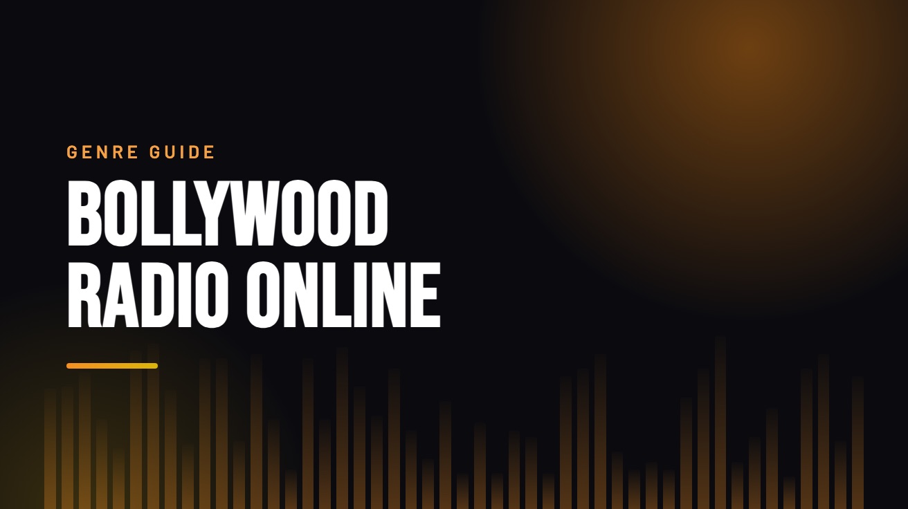 Title card for the guide: Bollywood Radio Online, in amber on black with an equaliser motif