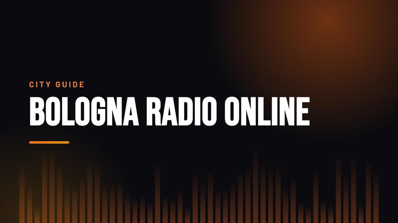 Title card for the guide: Bologna Radio Online, in amber on black with an equaliser motif