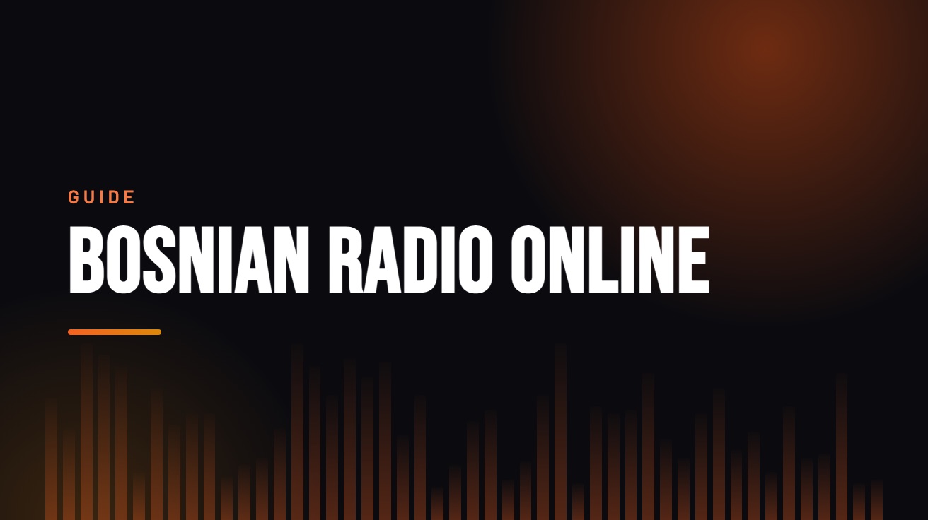 Title card for the guide: Bosnian Radio Online, in amber on black with an equaliser motif