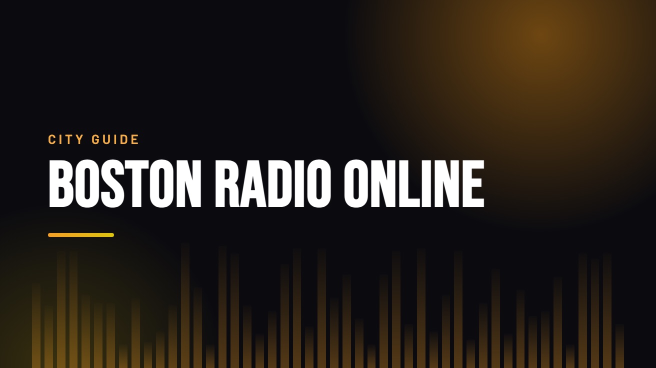 Title card for the guide: Boston Radio Online, in amber on black with an equaliser motif