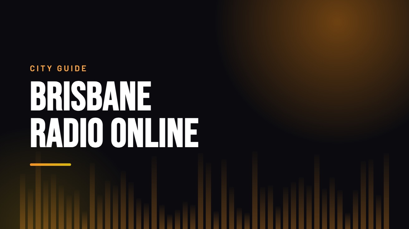 Title card for the guide: Brisbane Radio Online, in amber on black with an equaliser motif