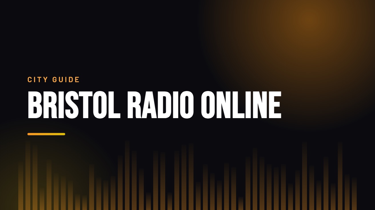 Title card for the guide: Bristol Radio Online, in amber on black with an equaliser motif