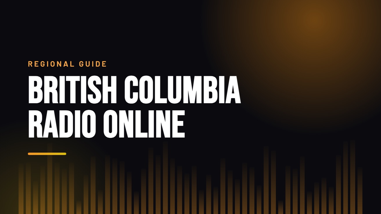 Title card for the guide: British Columbia Radio Online, in amber on black with an equaliser motif
