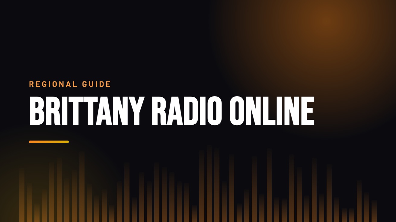 Title card for the guide: Brittany Radio Online, in amber on black with an equaliser motif