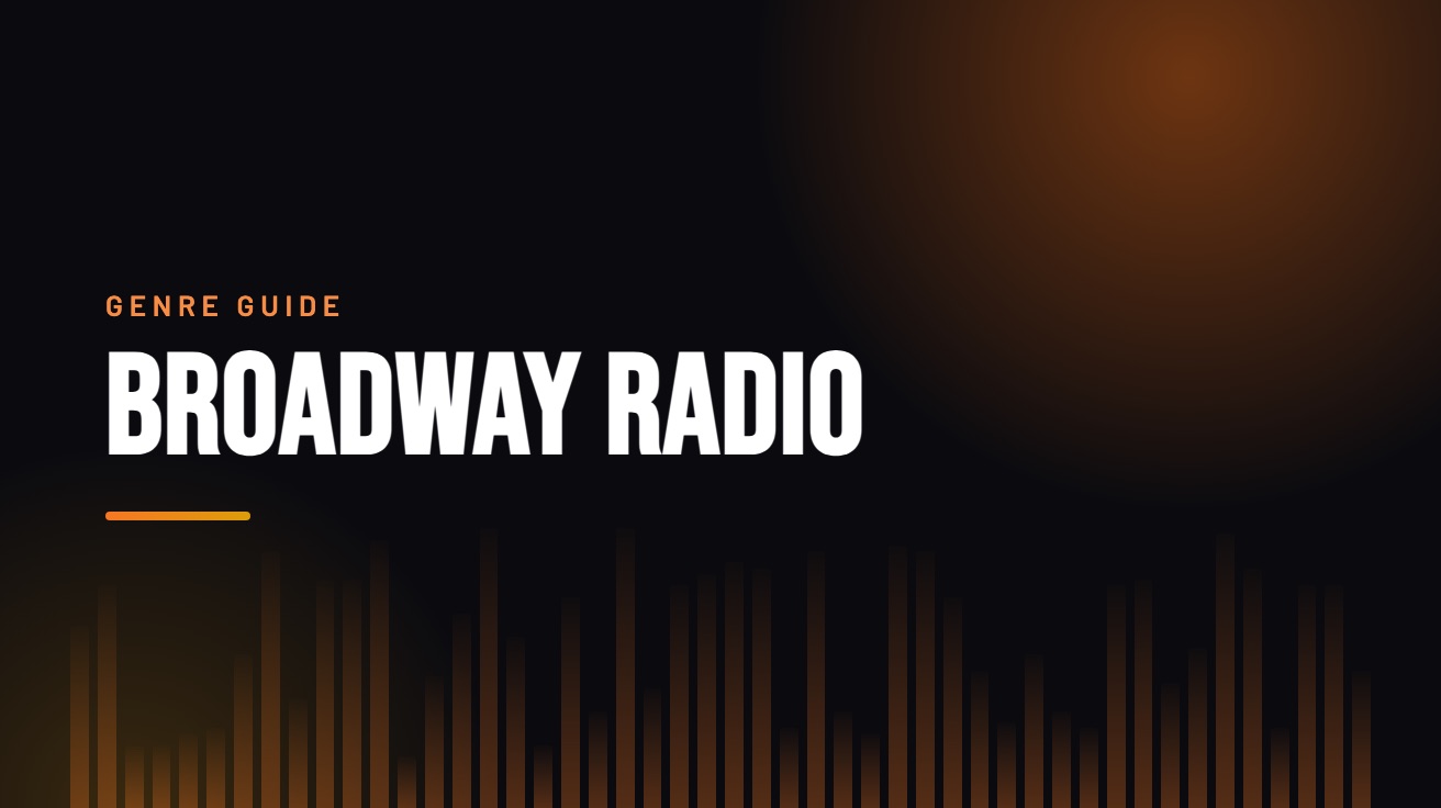 Title card for the guide: Broadway Radio, in amber on black with an equaliser motif