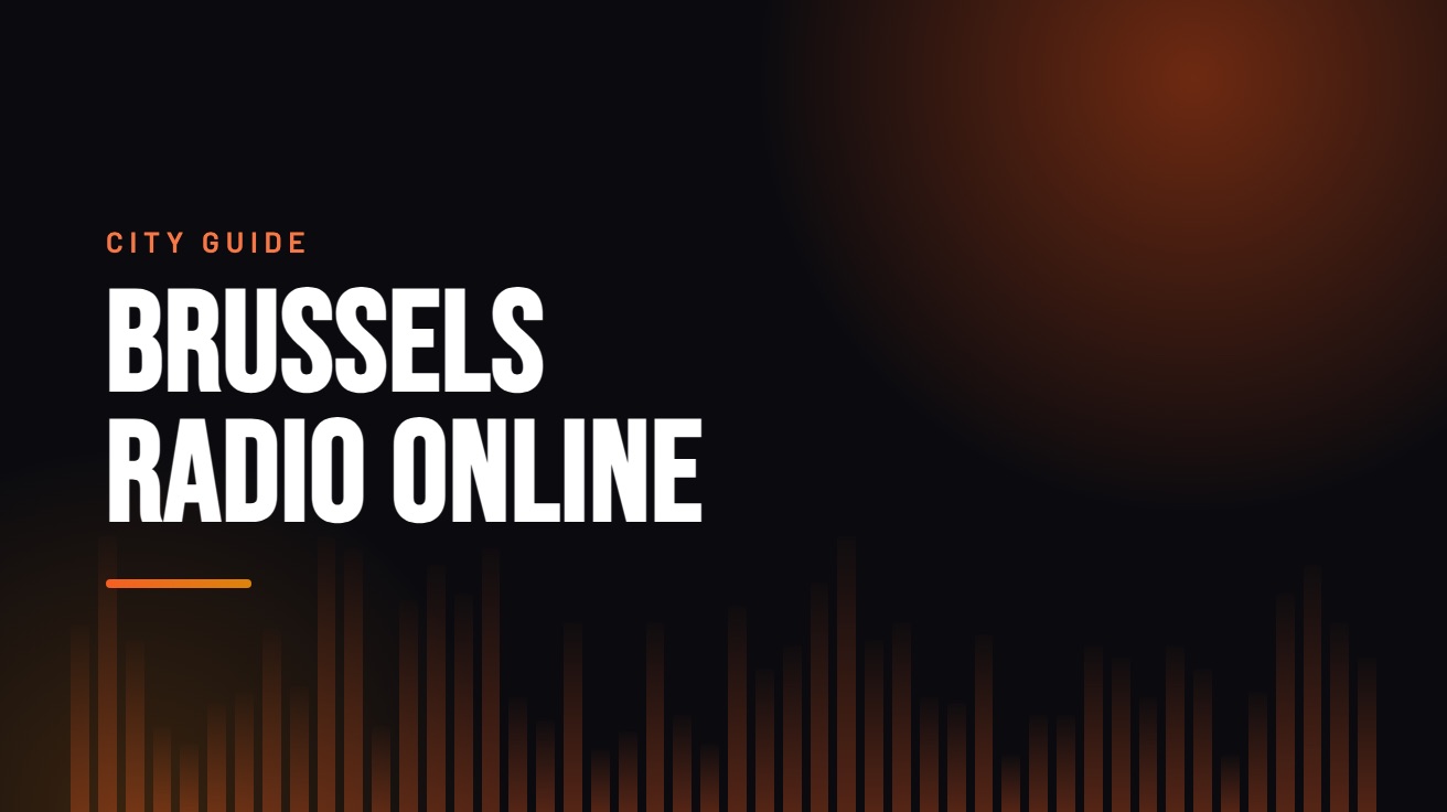 Title card for the guide: Brussels Radio Online, in amber on black with an equaliser motif