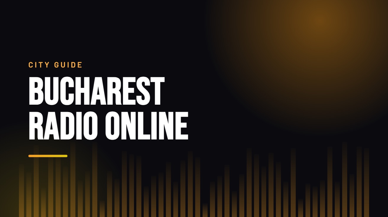 Title card for the guide: Bucharest Radio Online, in amber on black with an equaliser motif