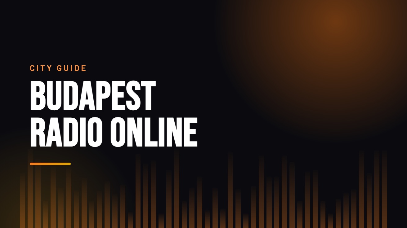 Title card for the guide: Budapest Radio Online, in amber on black with an equaliser motif