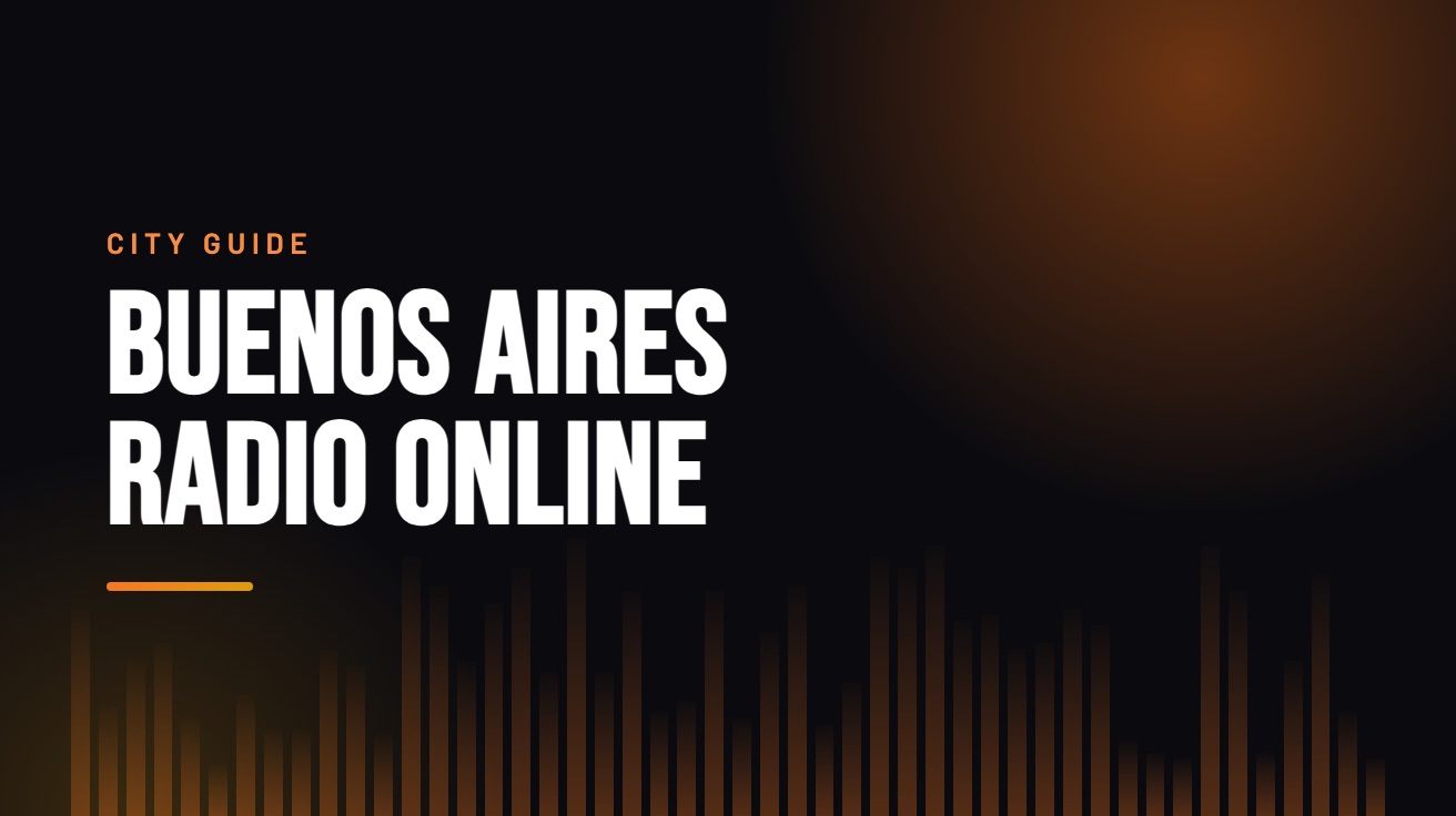 Title card for the guide: Buenos Aires Radio Online, in amber on black with an equaliser motif