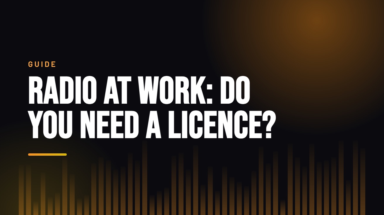 Title card for the guide: Radio at Work — Do You Need a Licence?, in amber on black with an equaliser motif
