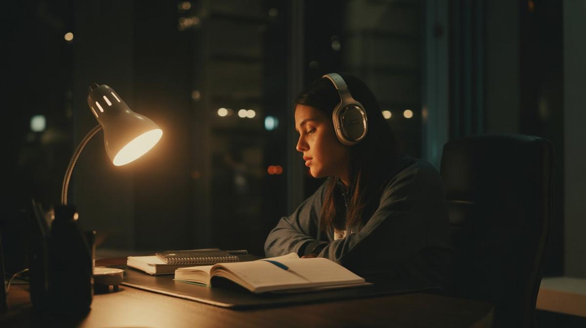 Student studying late at night with headphones and a desk lamp