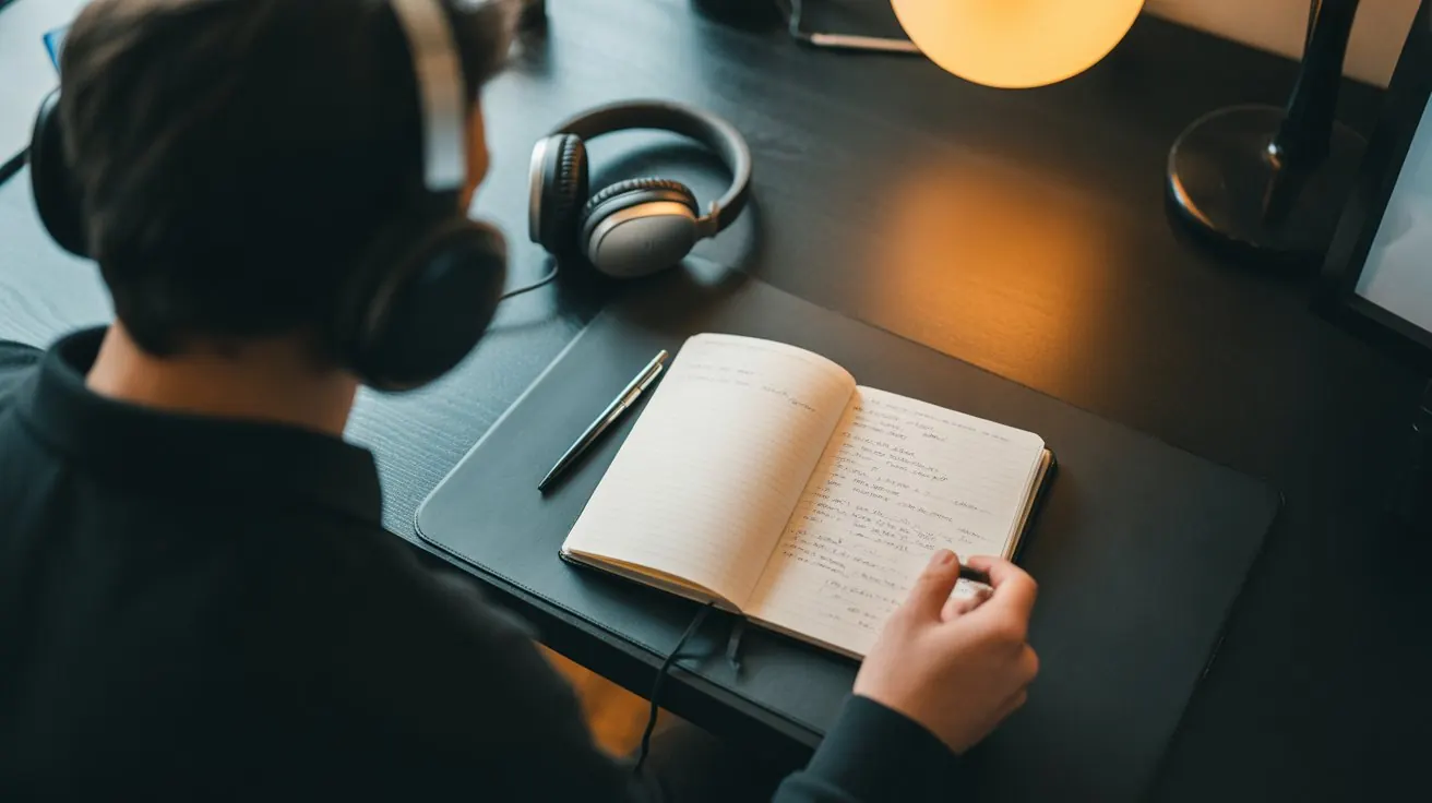 Overhead view of a deep-work desk setup with headphones