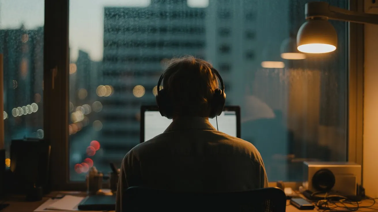 Focused listener facing a rainy city window at night
