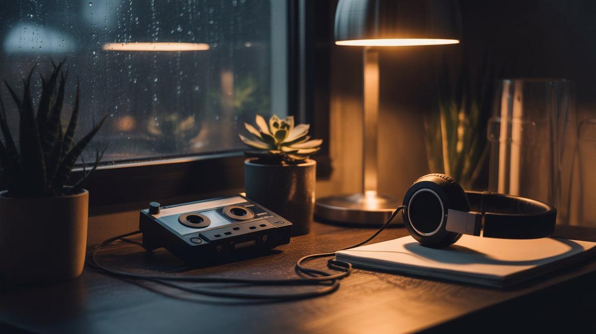 Cozy lo-fi desk with cassette player and rain on the window